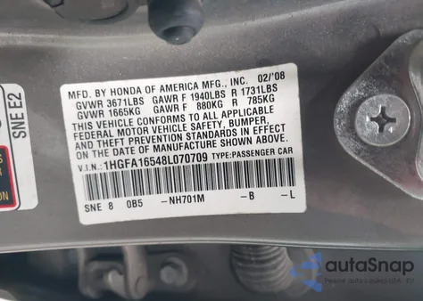2008 Honda Civic Lx from USA, damaged, VIN 1HGFA16548L070709